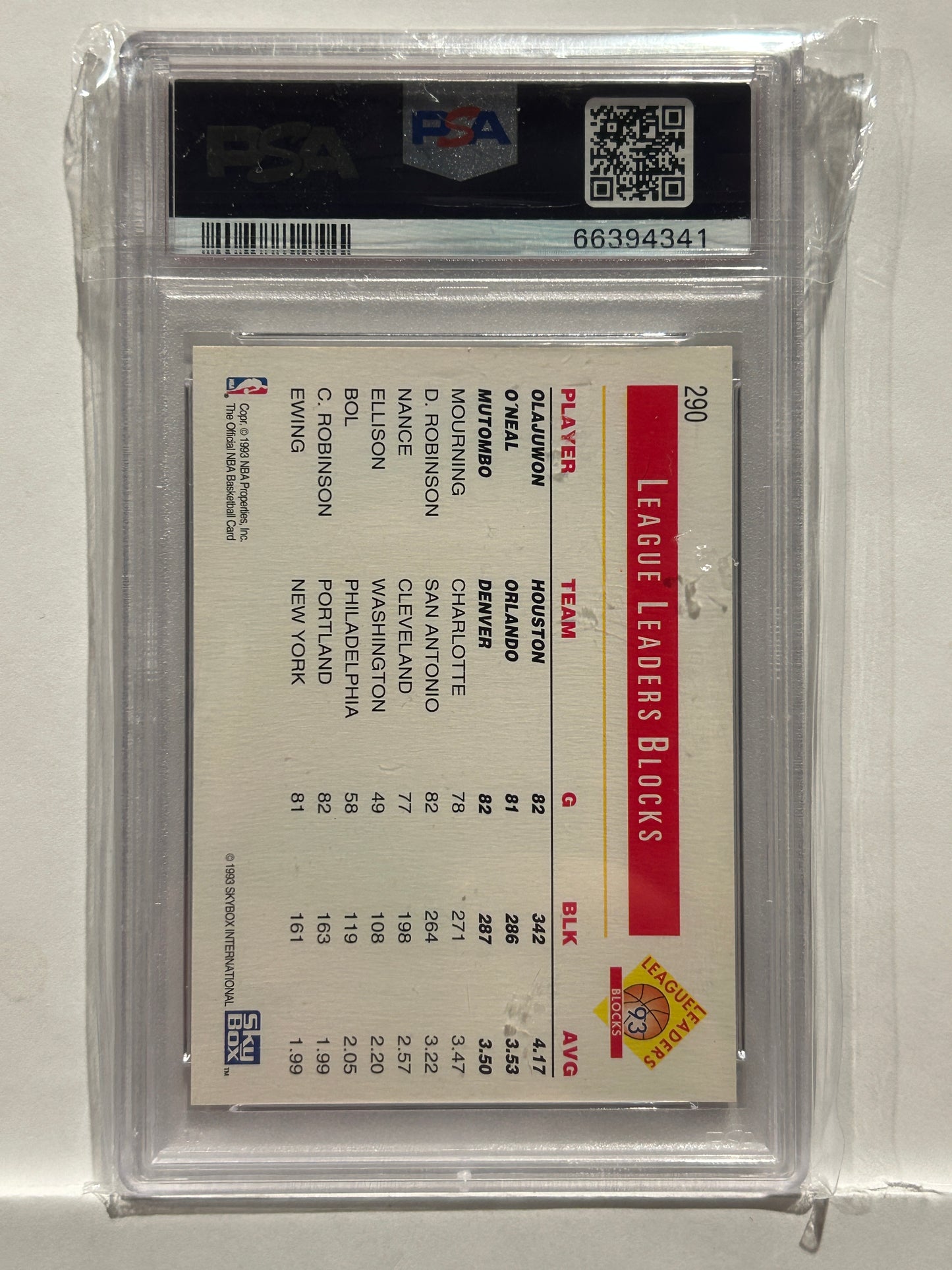 1993 Hoops Blocking Leaders O'Neal/Olajuwon/Mutombo #290 PSA 10